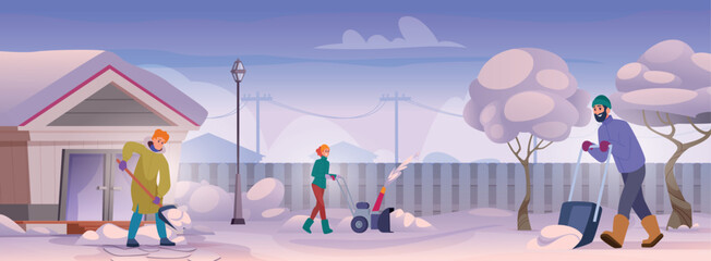 Snow cleaning. Urban landscape in snow time people cleaning snow in city exact vector cartoon seasonal background