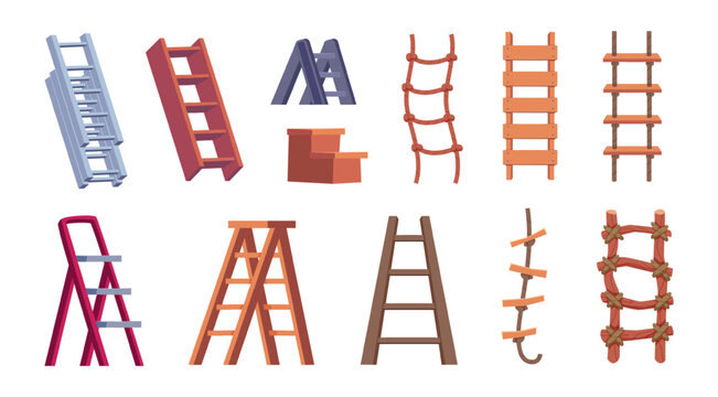 Rope ladders. Climbing tools collection of different wooden ladders exact vector cartoon set isolated