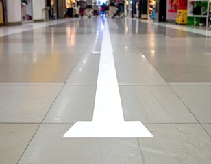 Large white directional arrow painted on a reflective tiled floor