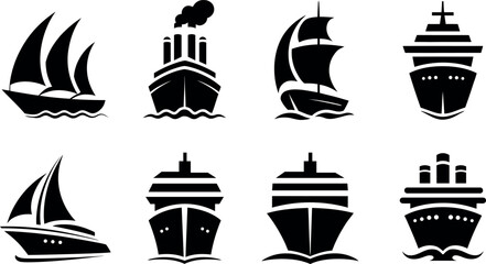 collection of various ship and boat silhouettes on white background © md manik hossain