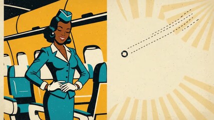 African american woman flight attendant in retro airplane interior with sunburst effect on blank copy space