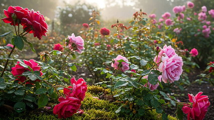 Beautiful rose garden with vibrant pink and red roses in full bloom surrounded by lush greenery and soft morning light