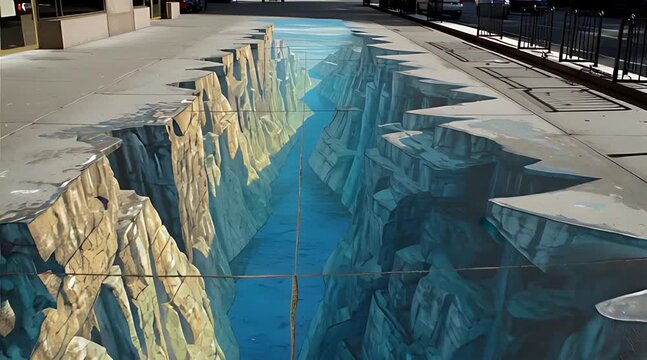 A massive 3D anamorphic painting on a city street creates the stunning optical illusion of a deep chasm, with pedestrians admiring the artwork from the sidewalks