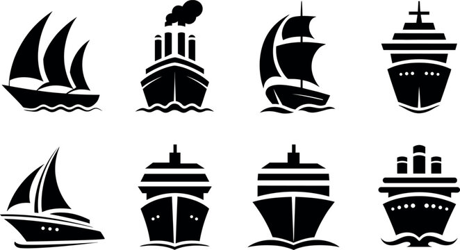 collection of various ship and boat silhouettes on white background