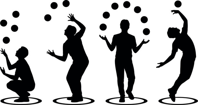 Four silhouettes of people juggling balls in different poses