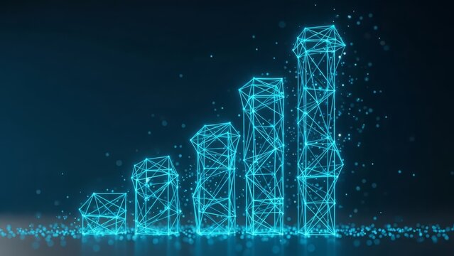 An abstract representation of ascending bar graph made of glowing blue wireframe structures on a dark background