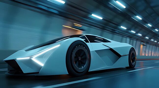 A sleek futuristic hypercar with glowing headlights drives smoothly through a modern illuminated tunnel on a wet reflective road