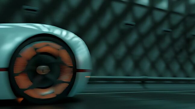 A sleek futuristic hypercar with glowing headlights drives smoothly through a modern illuminated tunnel on a wet reflective road