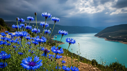 Vibrant blue cornflowers blooming on a rocky cliffside overlooking a serene lake with distant mountains under a dramatic cloudy sky