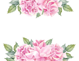 Pink rose floral frame. Watercolor spring botanical flower with leaves template. Hand drawn elegant Illustration isolated from background for wedding decoration, printing, stationery design, card