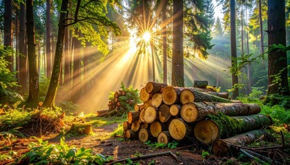 Pile of freshly cut logs and branches on forest floor with sunbeams filtering through dense tree canopy