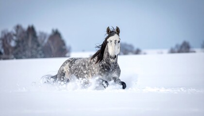 A majestic grey horse gallops through a snow-covered field, kicking up fresh powder with focused energy. A winter wonderland