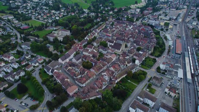 A panoramic Aerial view of the old town of the city Zofingen in Switzerland on a cloudy afternoon in summer