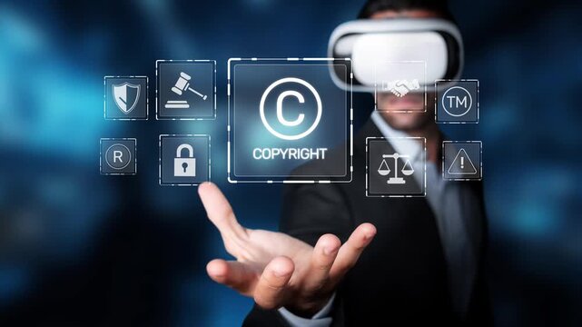 A businessman engages with virtual reality technology, exploring digital rights and copyright management. The futuristic interface showcases innovative legal concepts. Raster