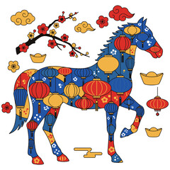 festive illustration of horse with a gift and Chinese traditional ornament isolated on white for a fun Lunar New Year, the Year of the horse