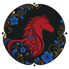 Vintage black tribal silhouette of a wild horse head animal illustration with a floral pattern and phoenix line art for a horse zodiac sign tattoo design