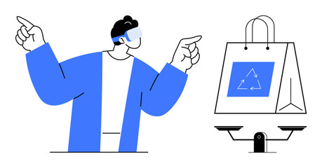 Technology integration, virtual reality, sustainability, eco-friendly shopping, digital trends, innovation. Person in VR headset gesturing at recyclable shopping bag. Technology integration
