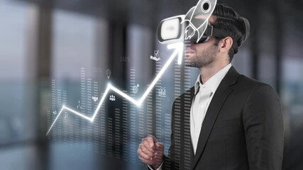 Businessman wearing a virtual reality headset engages in financial analysis with digital charts, showcasing a blend of modern technology and corporate strategy in a sleek office. Raster - Powered by Adobe