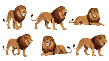 Modern vector illustration of lion in six poses including roaring and resting, flat wildlife pose set isolated on white background, ideal for education and branding