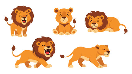 Modern vector illustration of lion in six poses including roaring and resting, flat wildlife pose set isolated on white background, ideal for education and branding