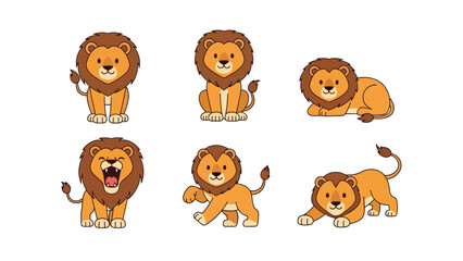 Modern vector illustration of lion in six poses including roaring and resting, flat wildlife pose set isolated on white background, ideal for education and branding