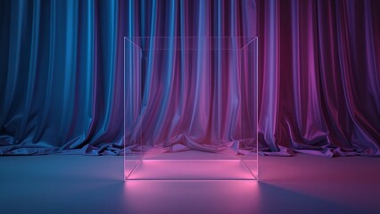 A transparent glass box illuminated with pink and blue light stands in front of a vibrant purple and blue curtain backdrop.