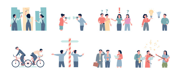 Plakat Business misunderstanding. Situations of conflict at work between colleagues. Poor communication, office disagreement and failures, recent vector scenes