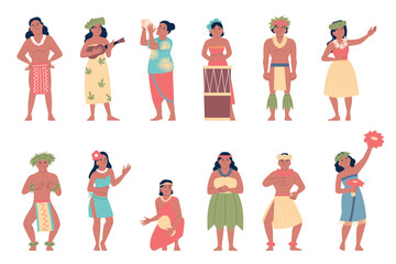 Hawaiian characters. Hawaii people in traditional suits, with flowers and musical instruments. Dancers and musicians, folk artists, recent vector set © LadadikArt