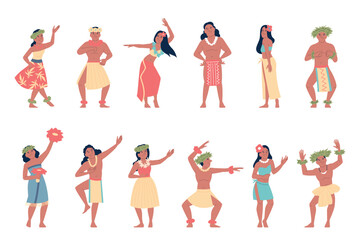 Hawaiian dancers. Traditional hawaii characters in costumes, floral necklace and green wreath. Positive island people, folk dancing, recent vector clipart © LadadikArt