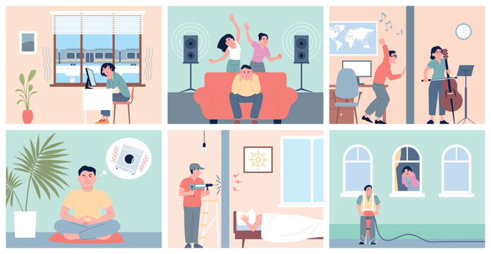 Urban noise pollution. Neighbours doing repair, play music and dancing. Modern city life neighborhood problems. Unhappy apartment citizens, noisy recent vector scenes