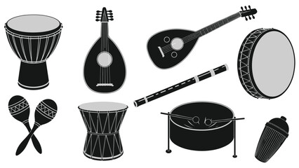 Obraz premium Set of black traditional and ethnic musical instrument icons isolated on a transparent background