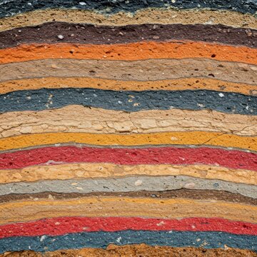 Detailed cross-section of layered soil and rock strata. Visible layers show distinct textures, colors, and sediment composition, structure, ground, stratification
