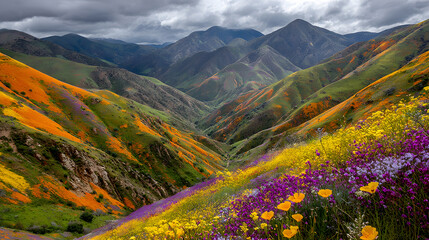 Mountain landscape with yellow flowers under a summer sky in the alpine valley