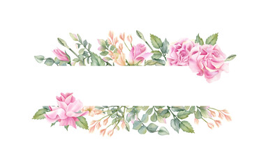 Obraz premium Elegant watercolor floral frame, pink rose, beige freesia, leaves with empty horizontal template. Pastel flower composition isolated from background. Illustration border for your text design, card
