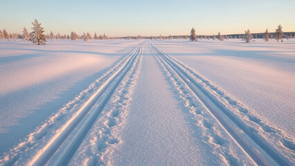 Freshly groomed ski trails in open field stretching towards horizon under clear sky. Winter landscape features pristine white snow reflecting golden light, sparse pine trees outlining vastness.