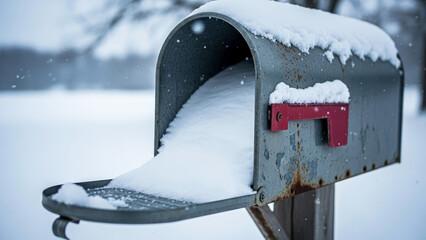 Open rustic mailbox filled with fresh snow inside mailbox, covered in winter flakes. Cold weather postal box endures heavy snowfall, showing harsh conditions with snow inside mailbox.