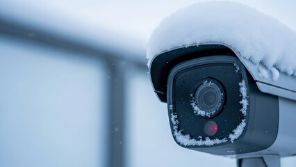 Snow on security camera close up, outdoor surveillance equipment covered in winter. Snow on security camera with blinking red indicator light monitors cold weather conditions.