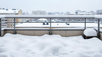 Snow piles on balcony blanket residential area, white layer on metal railing, city view. Winter precipitation forms distinct snow piles on balcony, creating cold weather.