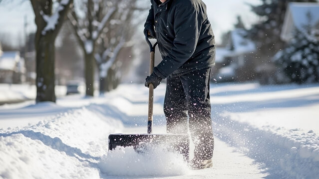 Person engaged in shovel clearing sidewalk after fresh winter snowfall. Man working diligently to remove white snow, ensuring path safety.