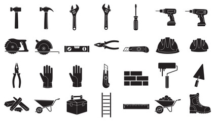 Set of black construction and handyman tool silhouette icons isolated on a transparent background