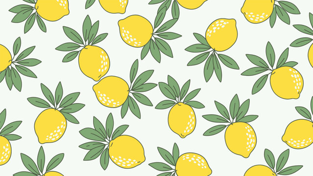 Seamless lemon pattern with yellow citrus fruits and green leaves, hand drawn summer fruit background, fresh organic food wallpaper eps
