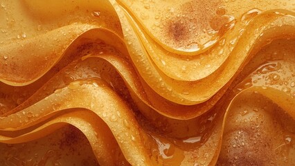 A close-up view of layers of pasta covered in a savory sauce and water droplets