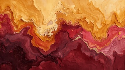 A vibrant abstract painting featuring swirling shades of red, orange, and yellow hues.