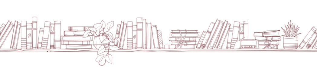 Seamless pattern from of wooden bookshelf filled with standing books, stack of books, houseplants. Book lover, bookstore, library concept. Vector illustration in graphic style of bookshelf © Gulsim