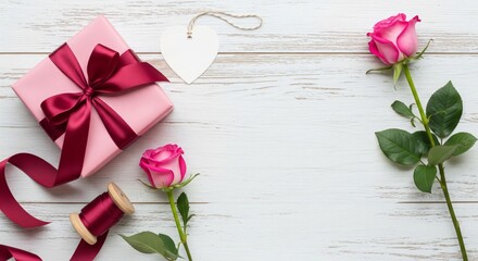 Elegant Valentine's Gift Wrapping Flat Lay Background. A blank heart-shaped gift tag, a spool of ribbon, and a single rose stem are arranged neatly around a large empty space for text.
