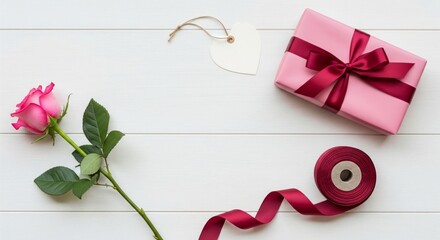 Elegant Valentine's Gift Wrapping Flat Lay Background. A blank heart-shaped gift tag, a spool of ribbon, and a single rose stem are arranged neatly around a large empty space for text.