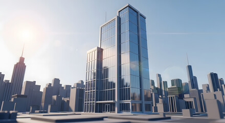 Naklejka premium Contemporary architectural rendering of a sleek modern glass skyscraper dominating a simplified urban cityscape under bright sunlight and clear blue skies