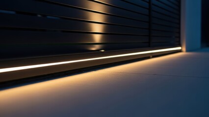 Modern black gate with linear led lighting illuminating the ground. Architectural design element for residential or commercial property safety and aesthetic.