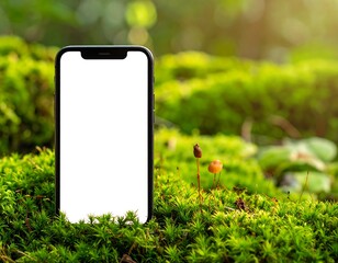 A modern communication device, displaying a blank screen, rests upon vibrant green moss in a sunlit outdoor environment. Small fungi grow nearby