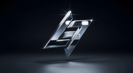 Abstract futuristic metallic logo design element displaying sleek geometry with sharp chrome edges reflecting studio lighting against a dark background.